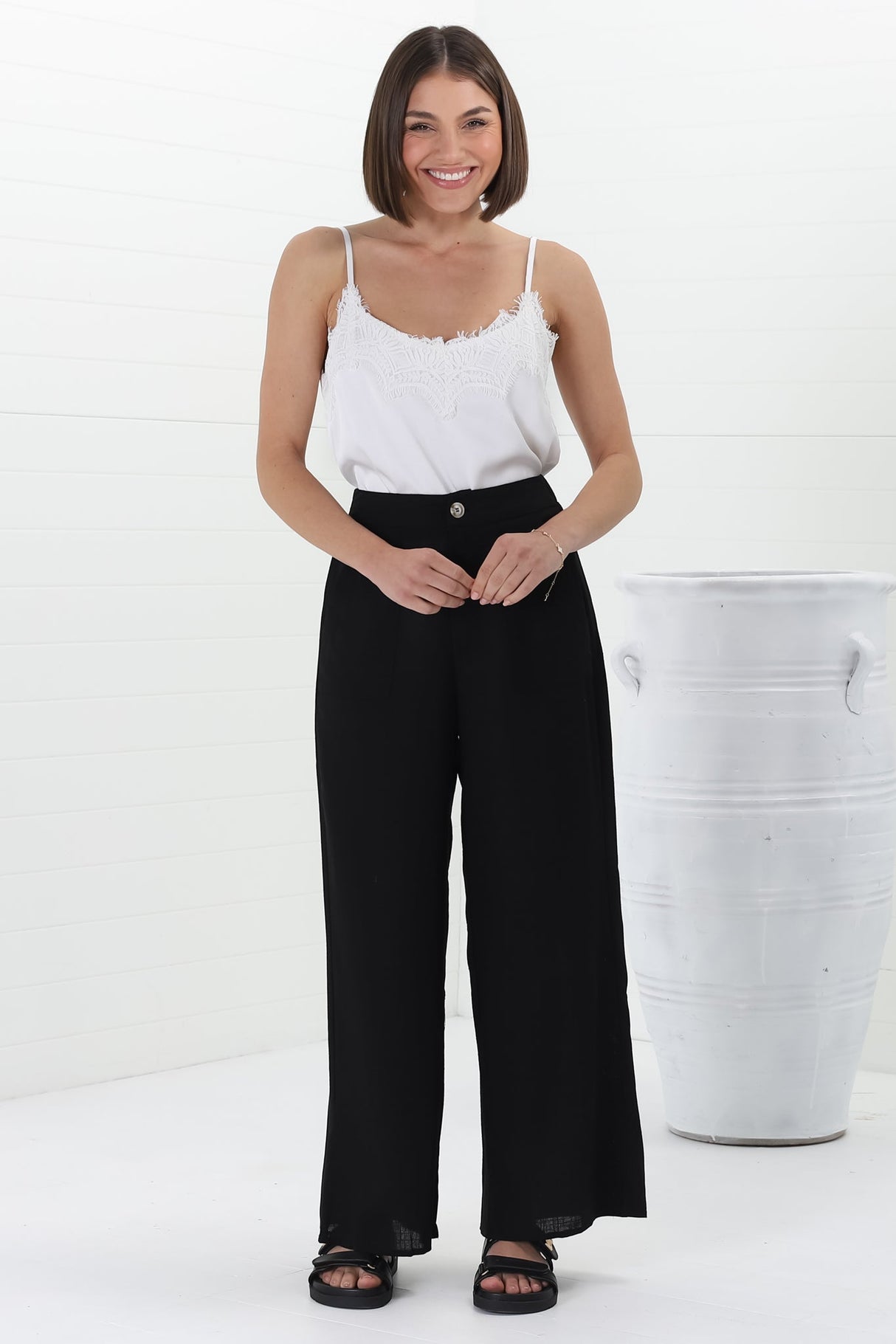 Devira Linen Pants - High Waisted Wide Leg Pant in Black