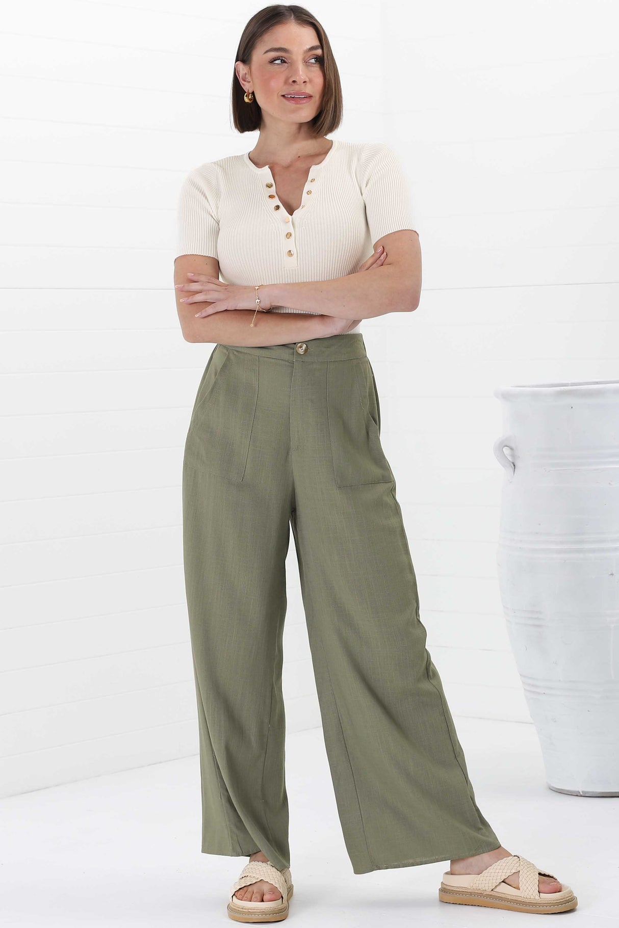 Devira Linen Pants - High Waisted Wide Leg Pant in Khaki