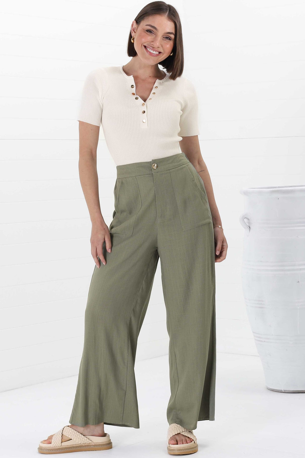 Devira Linen Pants - High Waisted Wide Leg Pant in Khaki