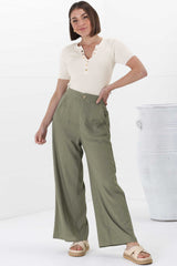 Devira Linen Pants - High Waisted Wide Leg Pant in Khaki