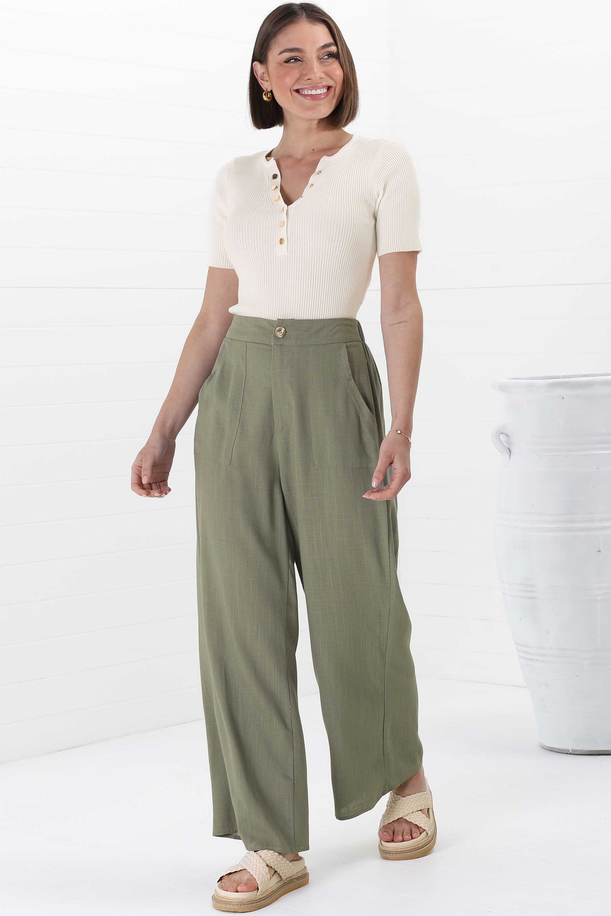 Devira Linen Pants - High Waisted Wide Leg Pant in Khaki