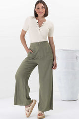 Devira Linen Pants - High Waisted Wide Leg Pant in Khaki