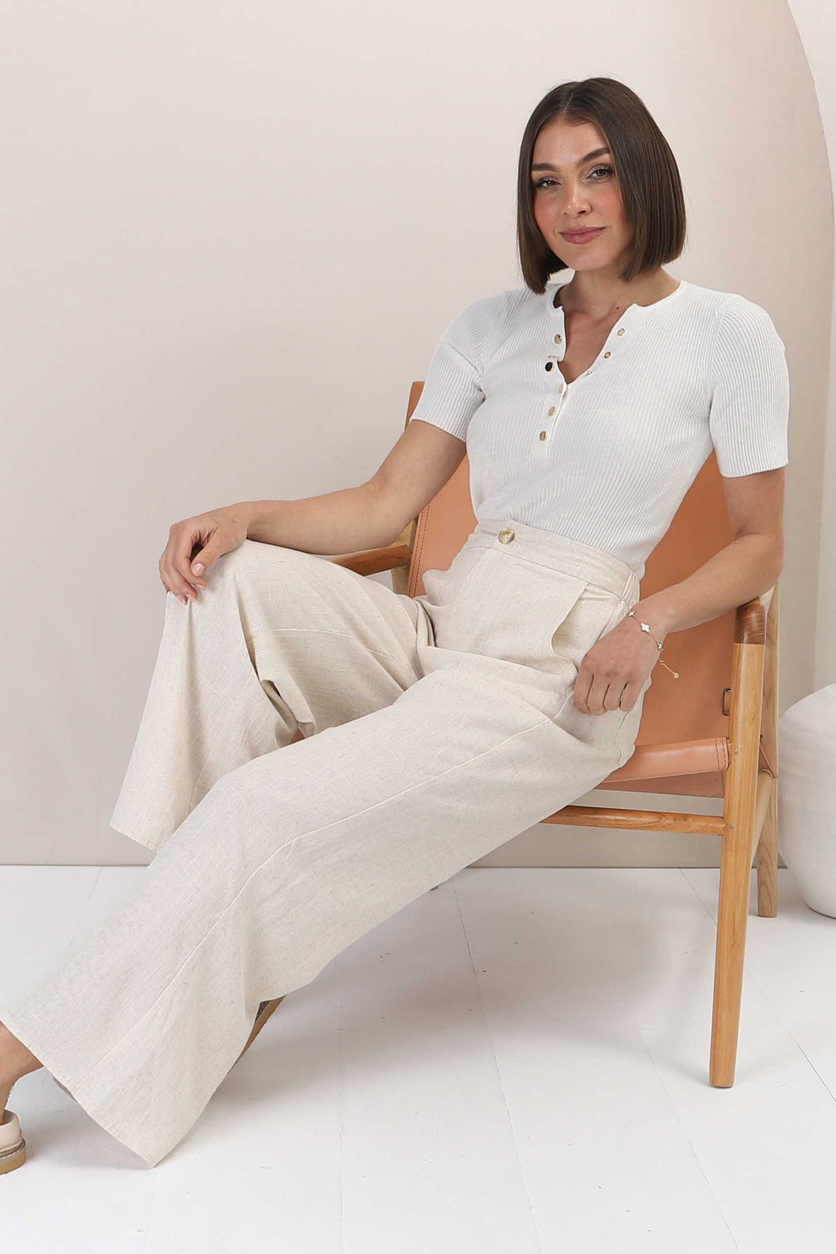 Devira Linen Pants - High Waisted Wide Leg Pant in Oat