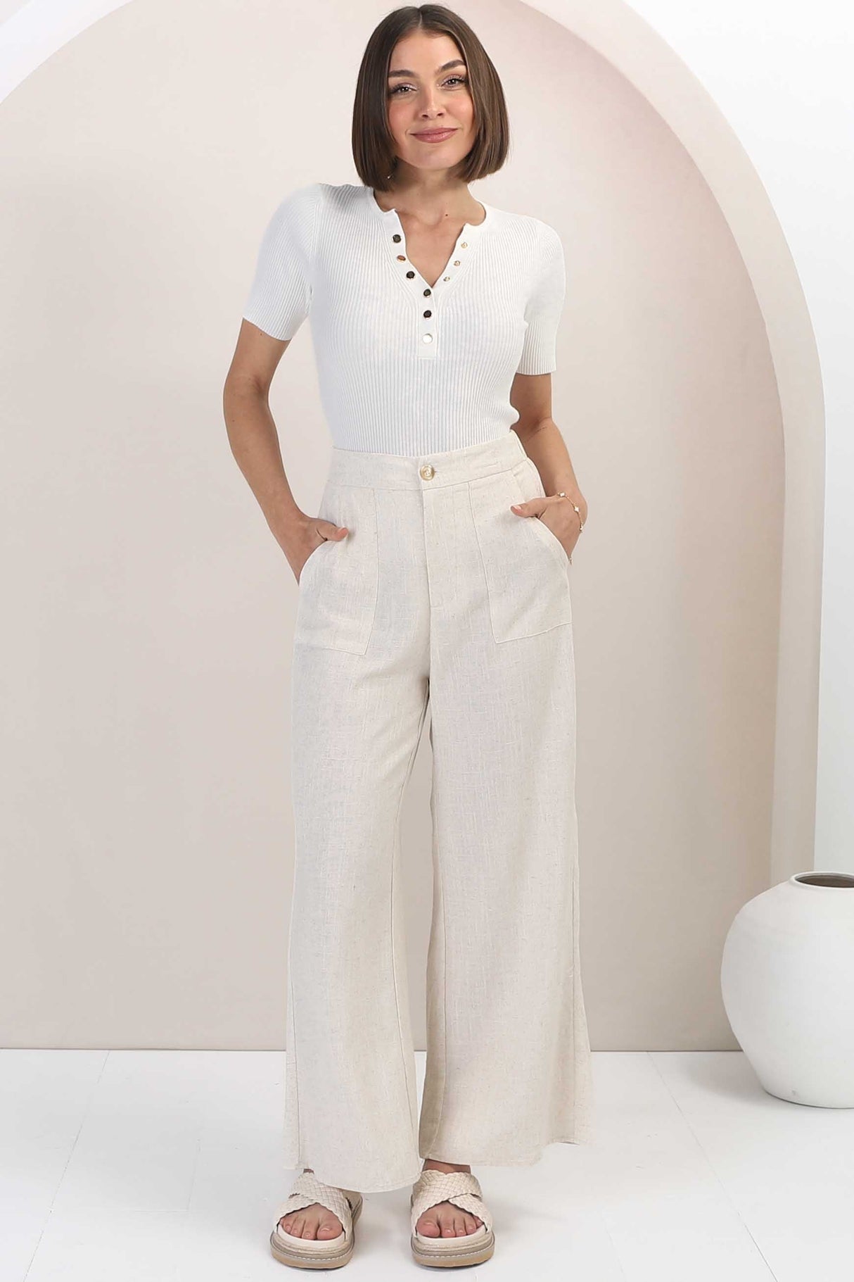 Devira Linen Pants - High Waisted Wide Leg Pant in Oat