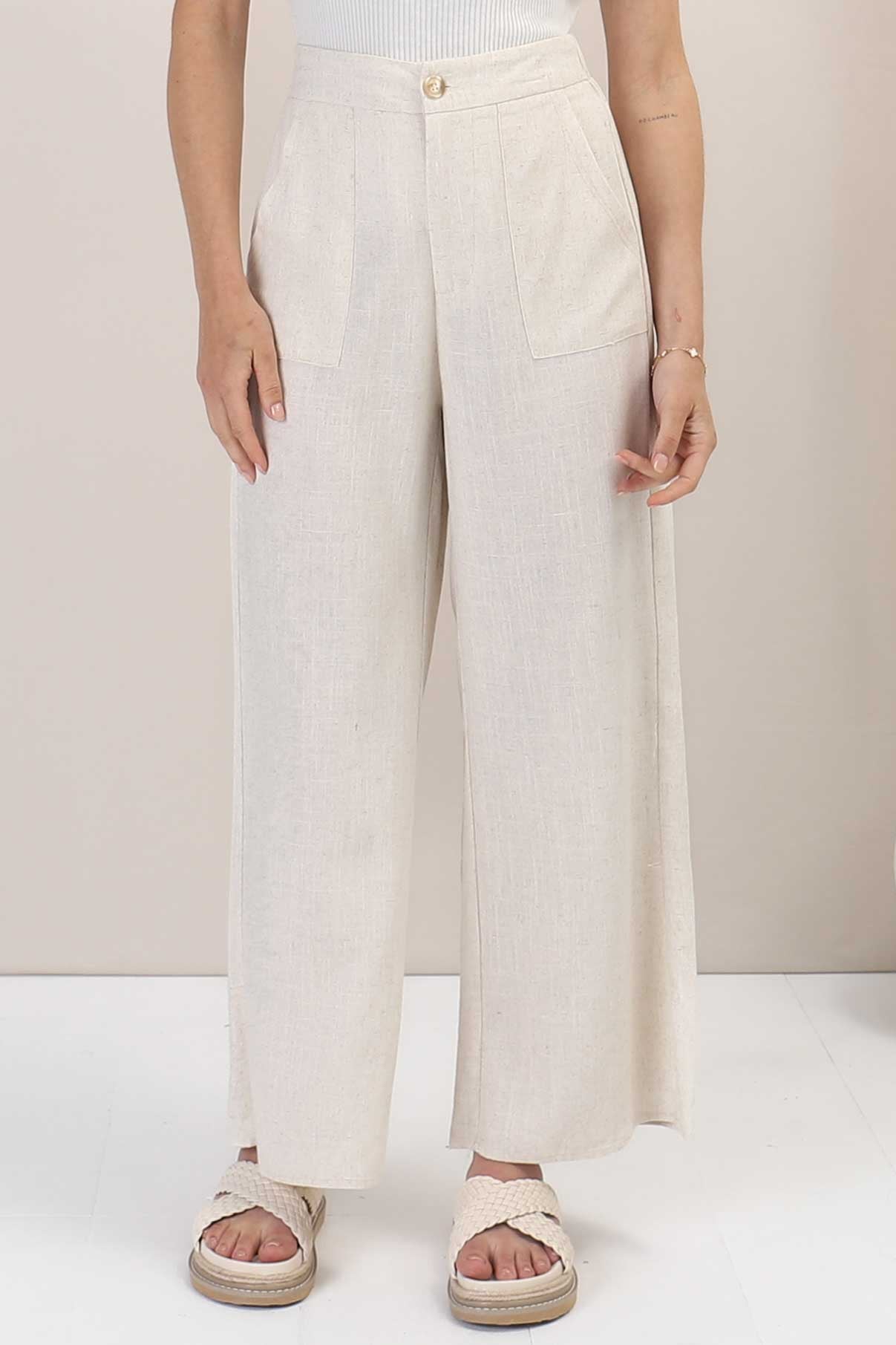 Devira Linen Pants - High Waisted Wide Leg Pant in Oat