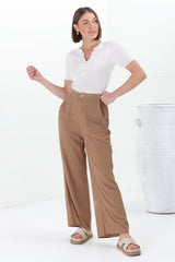 Devira Linen Pants - High Waisted Wide Leg Pant in Tan