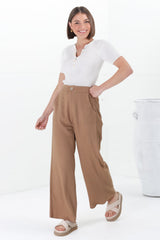 Devira Linen Pants - High Waisted Wide Leg Pant in Tan