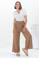 Devira Linen Pants - High Waisted Wide Leg Pant in Tan