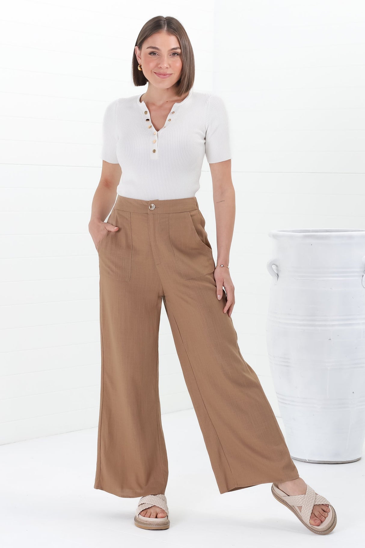 Devira Linen Pants - High Waisted Wide Leg Pant in Tan