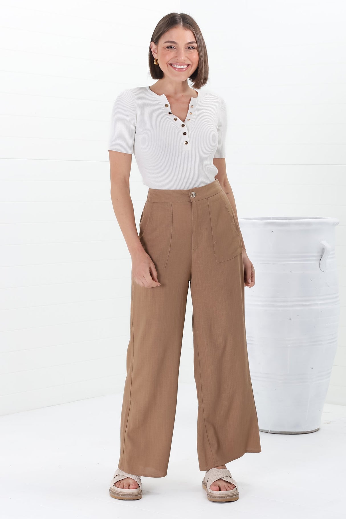 Devira Linen Pants - High Waisted Wide Leg Pant in Tan