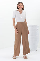 Devira Linen Pants - High Waisted Wide Leg Pant in Tan