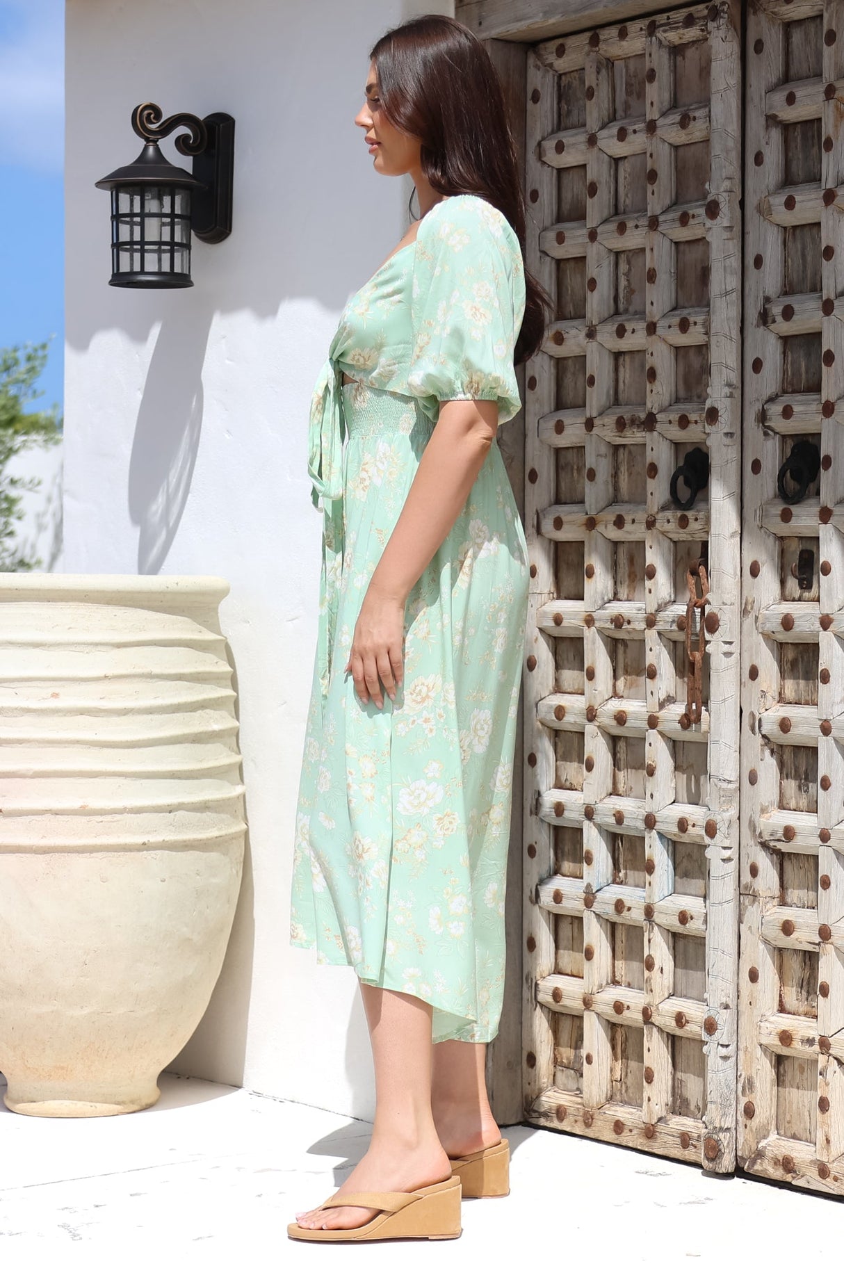 Devlin Midi Dress - Tie Up A-Line Dress with Elasticated Bodice in Gretal Print