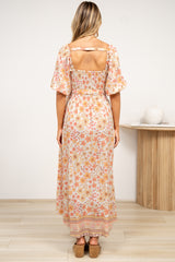 Devlin Midi Dress - Tie Up A-Line Dress with Elasticated Bodice in Noelia Print