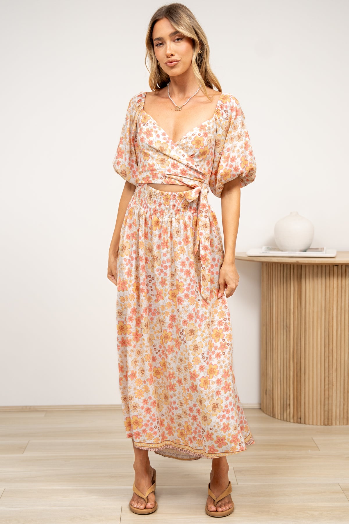 Devlin Midi Dress - Tie Up A-Line Dress with Elasticated Bodice in Noelia Print