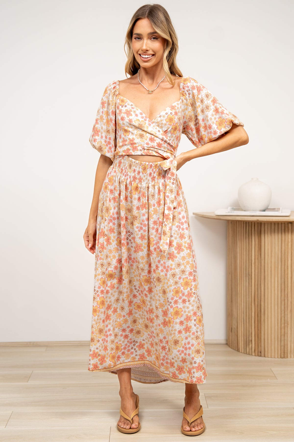 Devlin Midi Dress - Tie Up A-Line Dress with Elasticated Bodice in Noelia Print