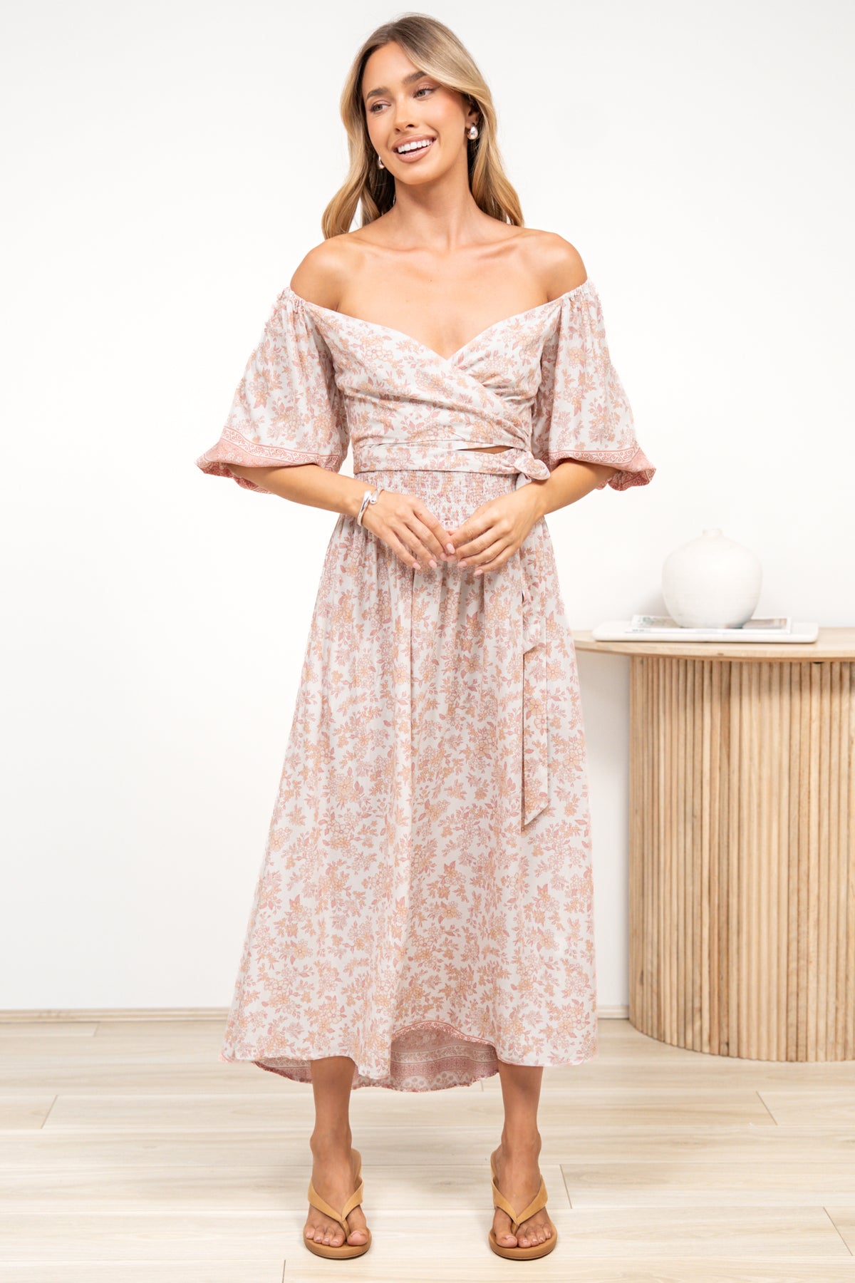 Devlin Midi Dress - Tie Up A-Line Dress with Elasticated Bodice in Narelle Print