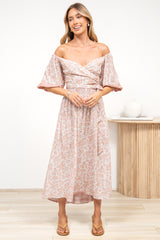 Devlin Midi Dress - Tie Up A-Line Dress with Elasticated Bodice in Narelle Print