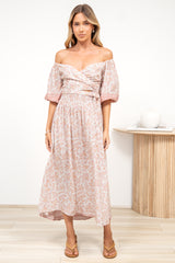 Devlin Midi Dress - Tie Up A-Line Dress with Elasticated Bodice in Narelle Print