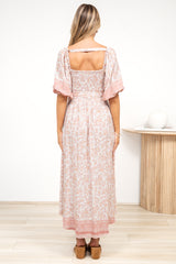 Devlin Midi Dress - Tie Up A-Line Dress with Elasticated Bodice in Narelle Print