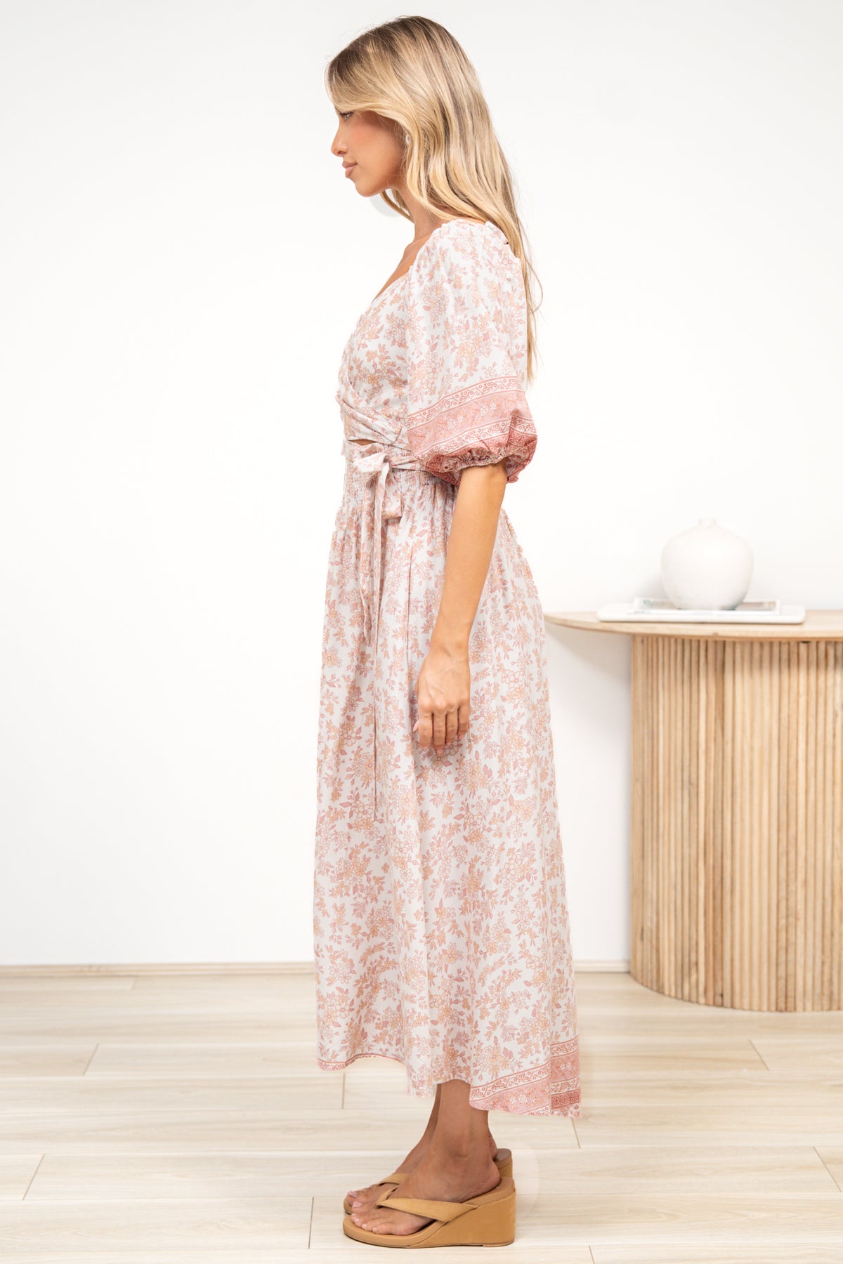 Devlin Midi Dress - Tie Up A-Line Dress with Elasticated Bodice in Narelle Print
