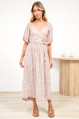 Devlin Midi Dress - Tie Up A-Line Dress with Elasticated Bodice in Narelle Print