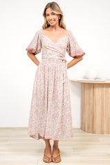 Devlin Midi Dress - Tie Up A-Line Dress with Elasticated Bodice in Narelle Print