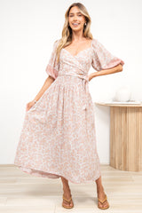 Devlin Midi Dress - Tie Up A-Line Dress with Elasticated Bodice in Narelle Print
