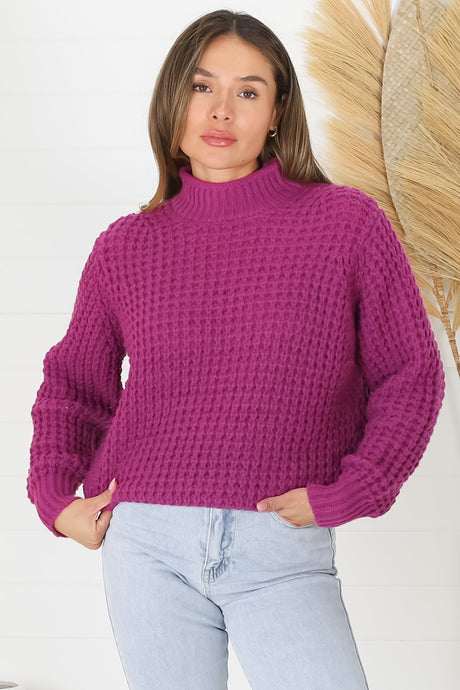 Dexter Jumper - Turtle Neck Waffle Knit Jumper in Magenta