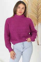 Dexter Jumper - Turtle Neck Waffle Knit Jumper in Magenta