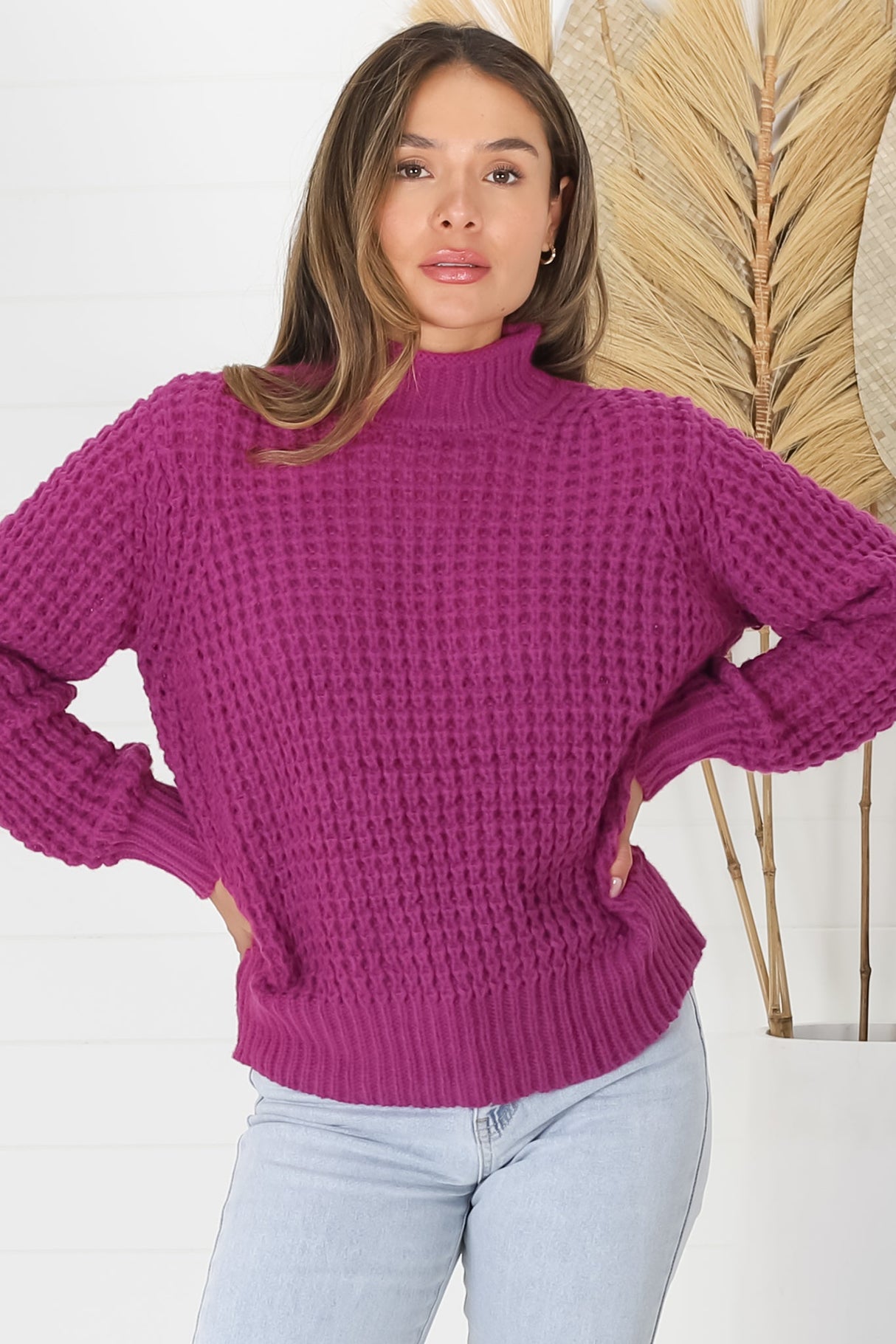 Dexter Jumper - Turtle Neck Waffle Knit Jumper in Magenta