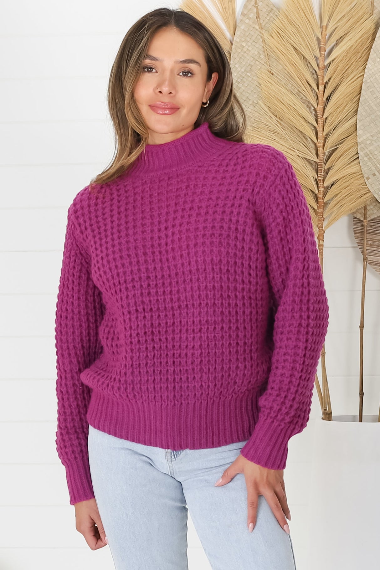 Dexter Jumper - Turtle Neck Waffle Knit Jumper in Magenta