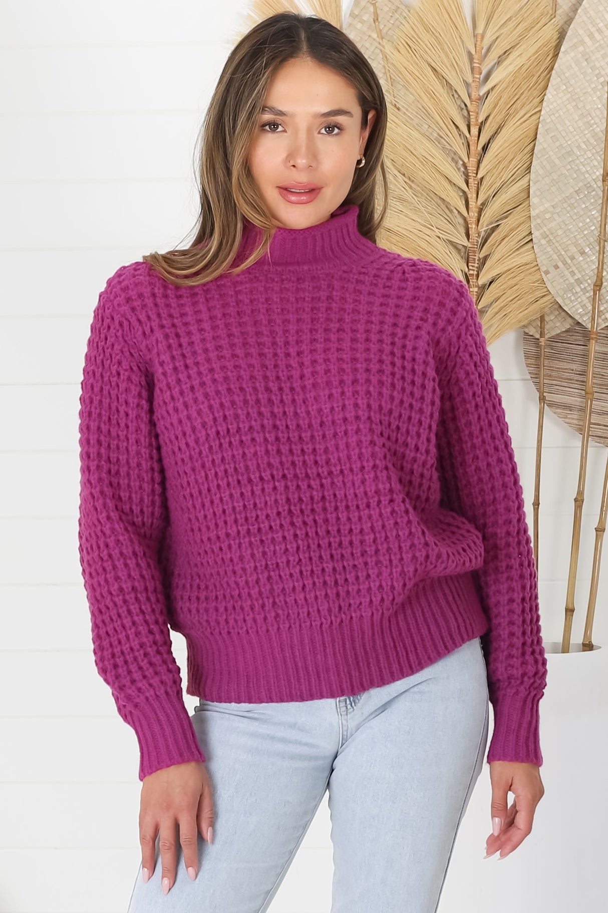 Dexter Jumper - Turtle Neck Waffle Knit Jumper in Magenta