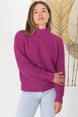 Dexter Jumper - Turtle Neck Waffle Knit Jumper in Magenta