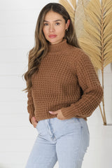 Dexter Jumper - Turtle Neck Waffle Knit Jumper in Tan