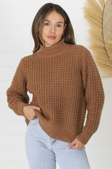 Dexter Jumper - Turtle Neck Waffle Knit Jumper in Tan