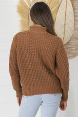 Dexter Jumper - Turtle Neck Waffle Knit Jumper in Tan