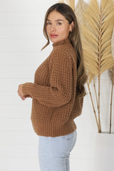 Dexter Jumper - Turtle Neck Waffle Knit Jumper in Tan