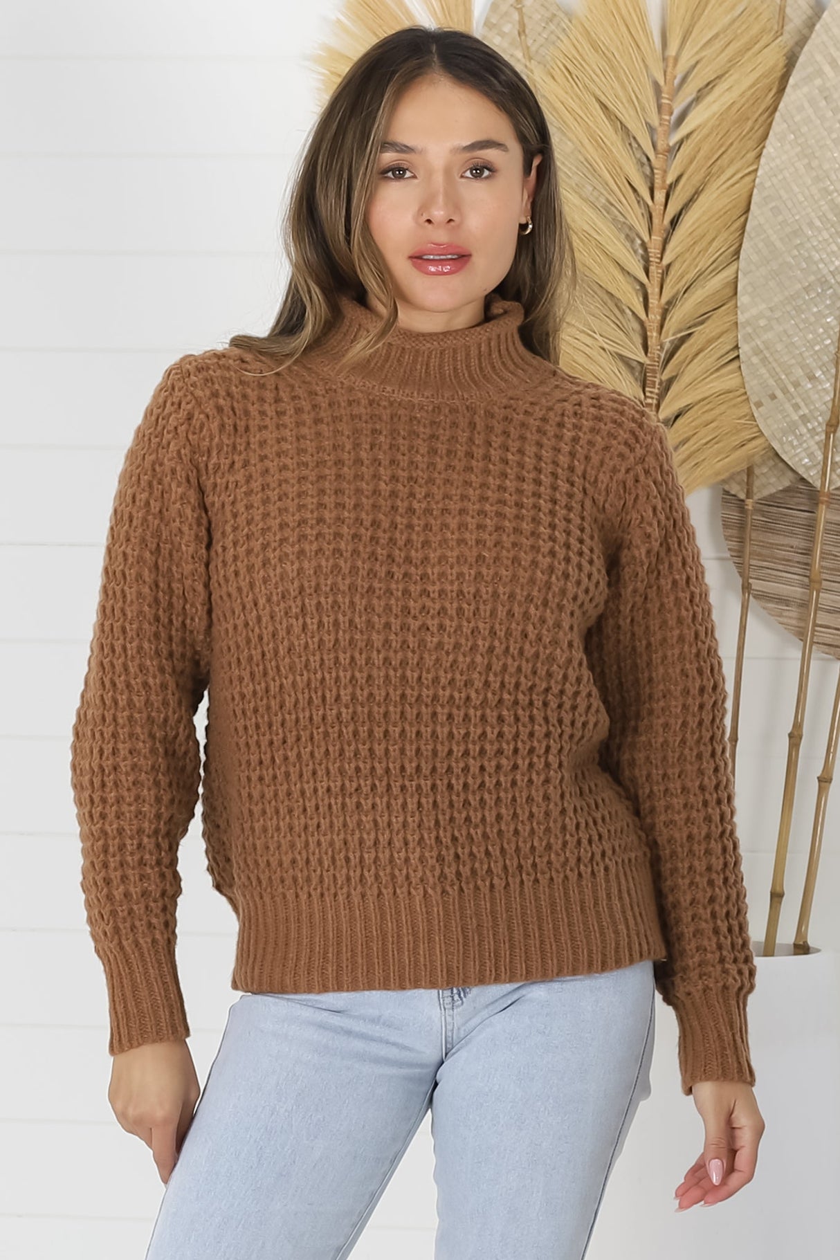 Dexter Jumper - Turtle Neck Waffle Knit Jumper in Tan