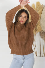 Dexter Jumper - Turtle Neck Waffle Knit Jumper in Tan