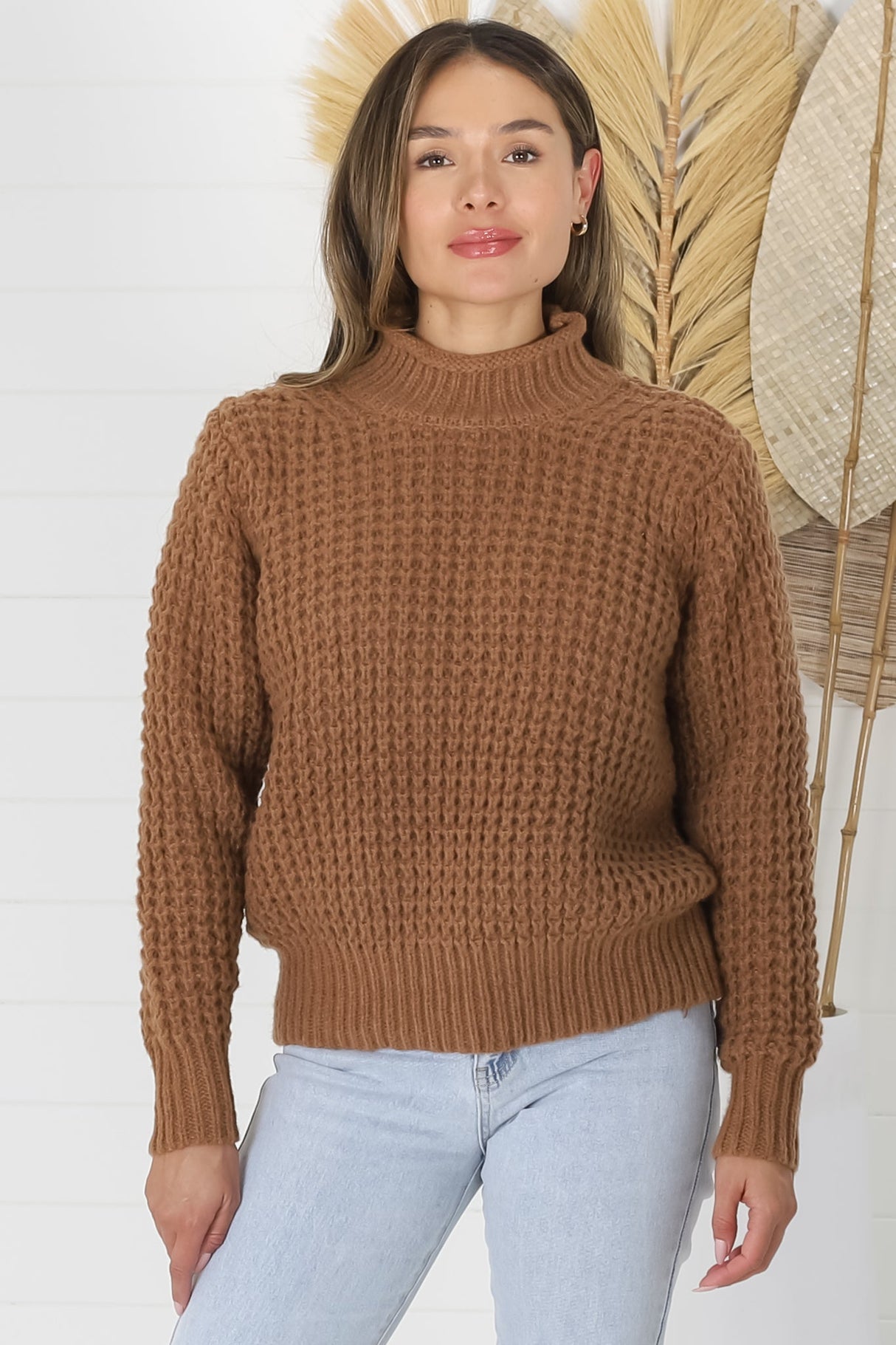 Dexter Jumper - Turtle Neck Waffle Knit Jumper in Tan