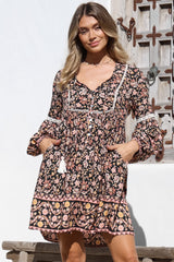 Dian Mini Dress - Balloon Sleeve Smock Dress with Pockets in floral Amirah Print