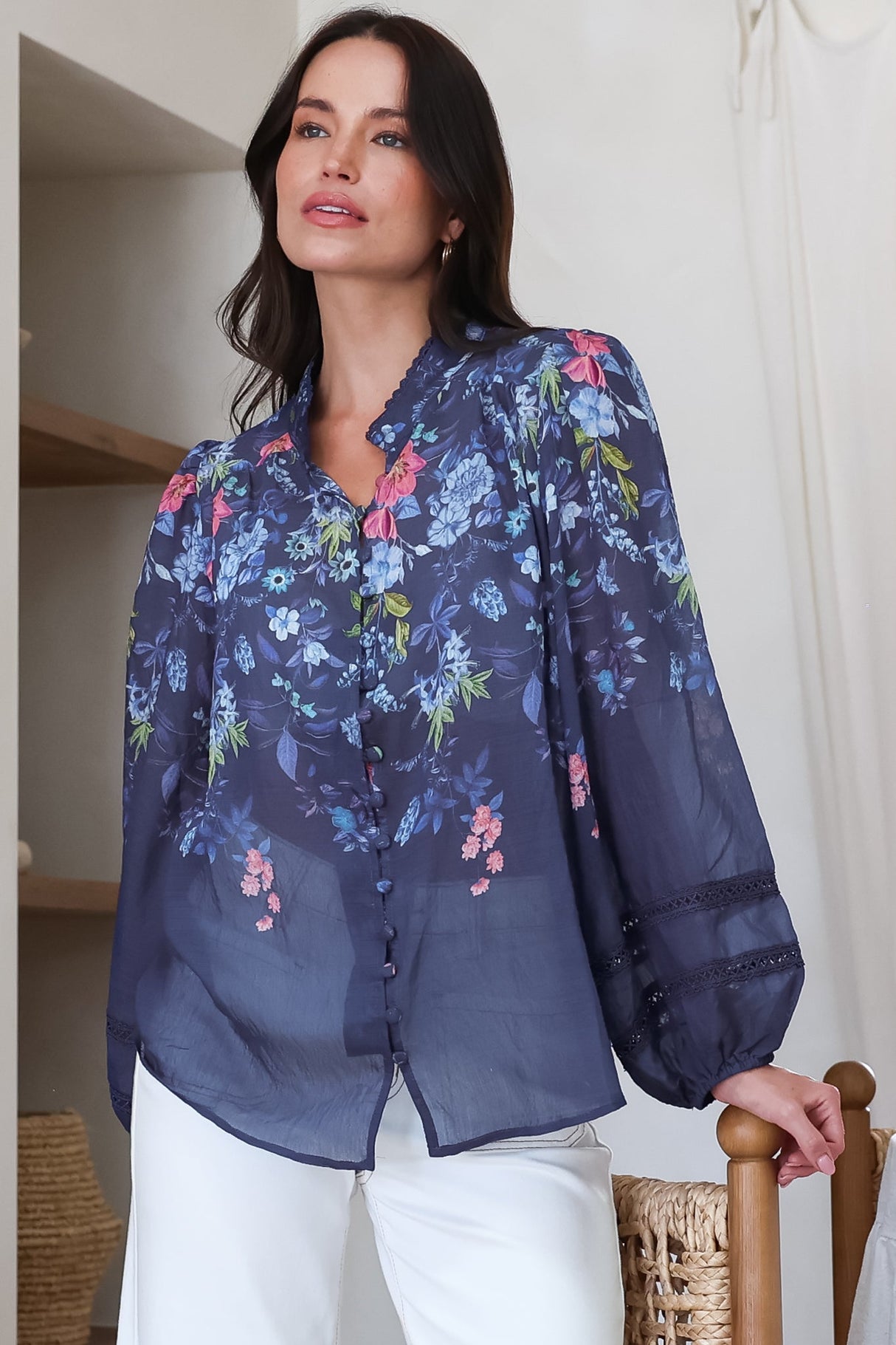 Diandra Blouse - Lace Trim Mandarin Collar Button Down with Balloon Sleeves in Elsie Print