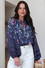 Diandra Blouse - Lace Trim Mandarin Collar Button Down with Balloon Sleeves in Elsie Print