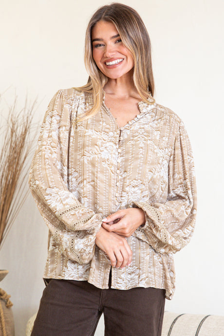 Diandra Blouse - Mandarin Collar Button Down with Lace Insert Detailing in Rossa Print