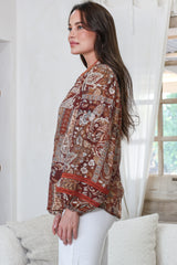 Diandra Blouse - Mandarin Collar Button Down with Lace Insert Detailing in Banter Print