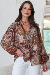 Diandra Blouse - Mandarin Collar Button Down with Lace Insert Detailing in Banter Print