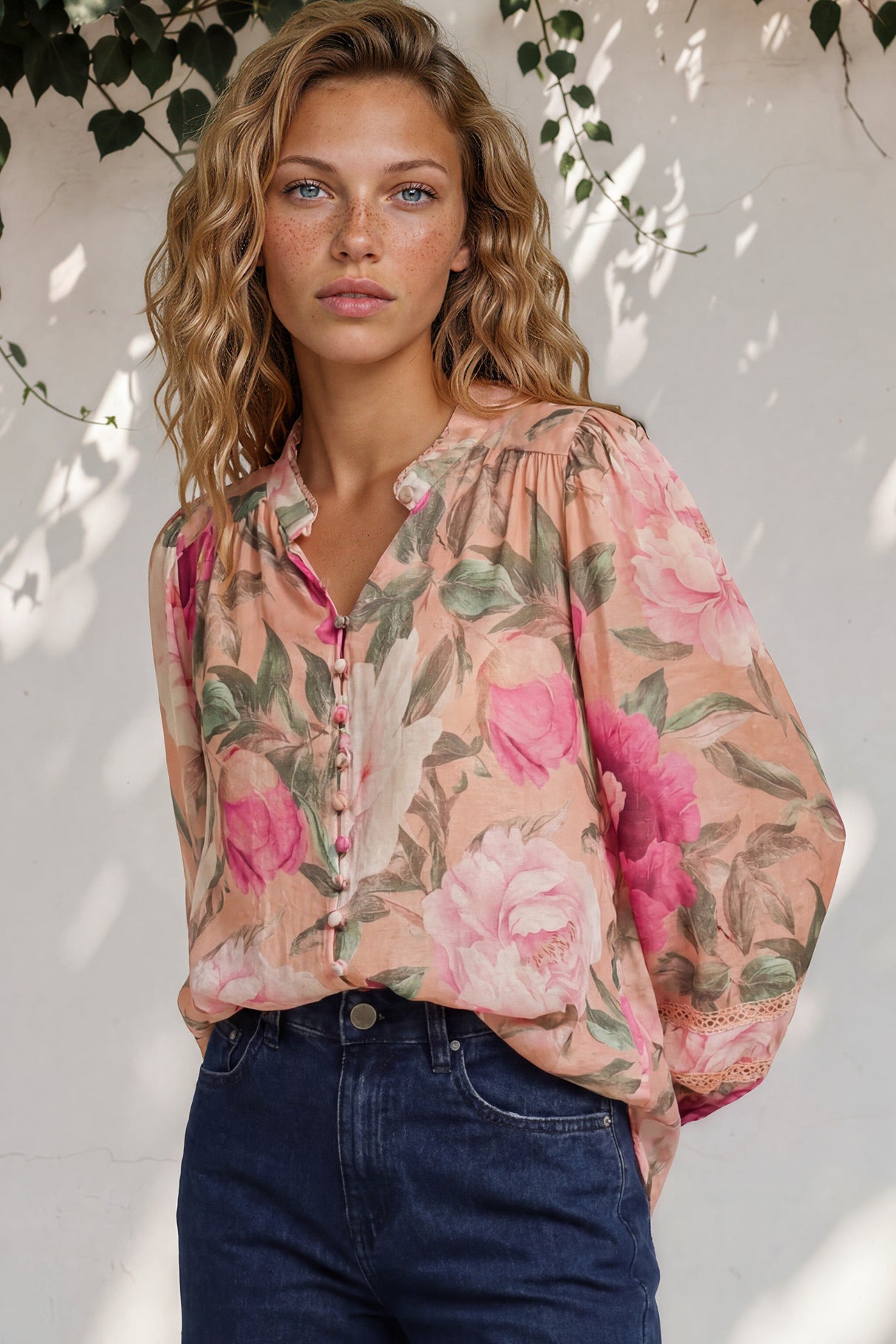 Woman wearing a floral blouse with a neutral background