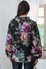 Diandra Blouse - Lace Trim Mandarin Collar Button Down with Balloon Sleeves in Scandalous Print