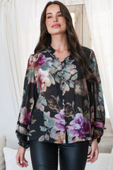 Diandra Blouse - Lace Trim Mandarin Collar Button Down with Balloon Sleeves in Scandalous Print