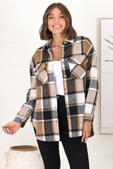 Diego Shacket - Relaxed Fit Checkered Shirt Jacket with Scoop Hemline in Black